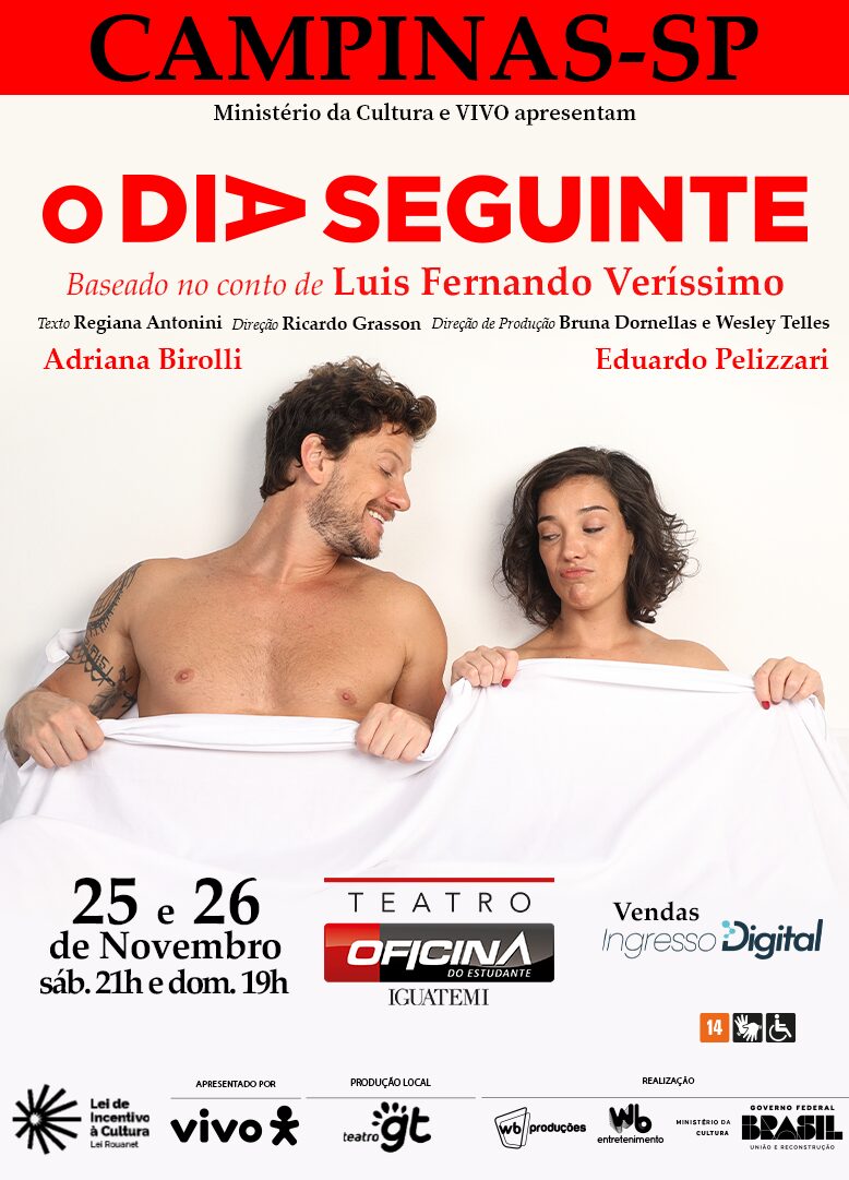 Espetáculo ' O Dia Seguinte ', com Adriana Birolli e Eduardo Pelizzari,  chega a Salvador em novembro